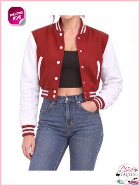 Decrum Letterman Varsity Cropped Bomber Jacket Women Fleece Lined